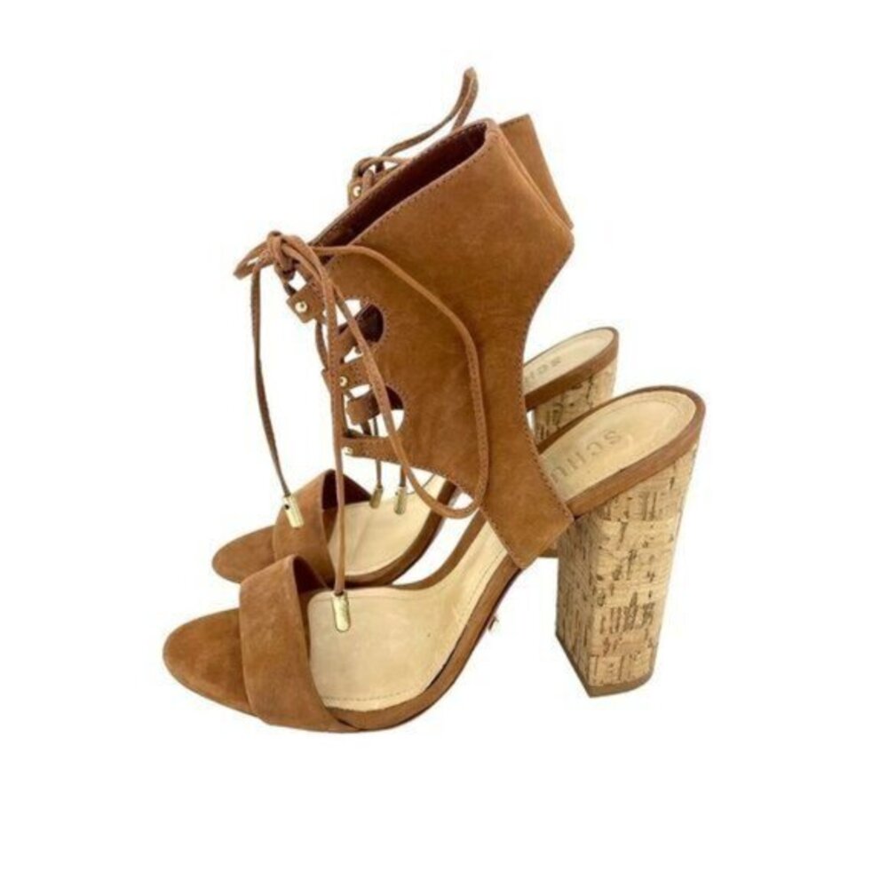 Schutz Shoes Lace-Up Cuff Leather Heel Sandals in Saddle Brown SZ 7 NEW